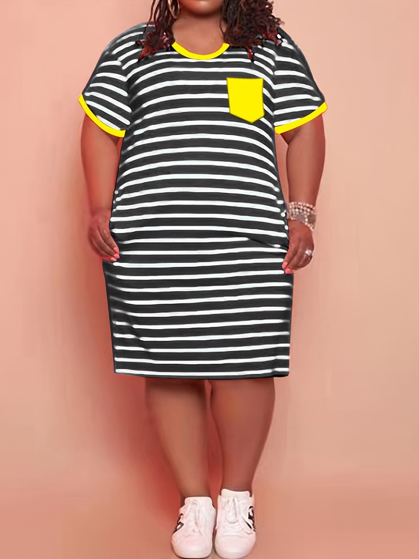 Plus Size Cotton Strip Print Short Sleeve Midi Dress With Pockets; Women's Plus Medium Stretch Dress