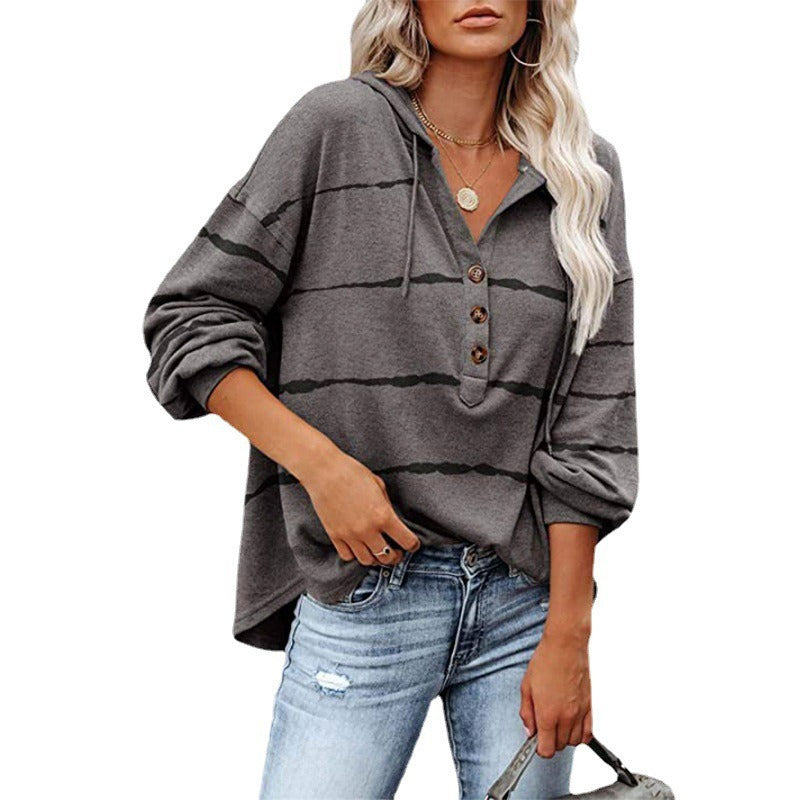 Fall/Winter Women's New Tops Loose V-neck Long Sleeve Striped Sweater Buttoned Hoodie