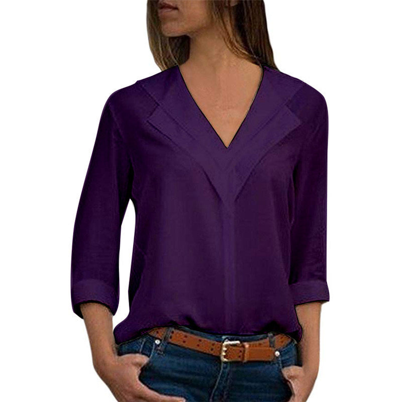 autumn fashion solid color V-neck long-sleeved chiffon shirt blouse