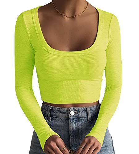 Women's Square Neck Long Sleeve Ribbed Slim Fitted Casual Basic Crop Top