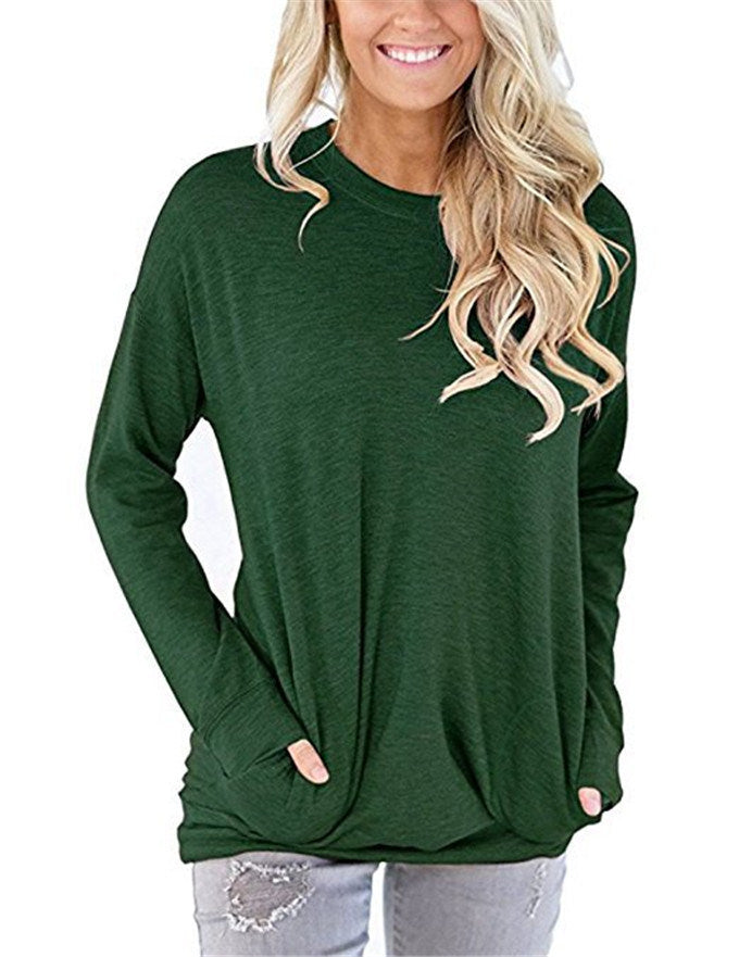 Ladies Fashion Soild Color T Shirt Autumn Winter Long Sleeve Round Collar Pocket Pullovers Women Plus Size Tops Blouse