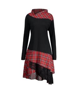 Fashion Women Spring/autumn Cowl Neck Plaid Panel Irregular Lace Hem Long Blouse Tops Ladies Plus Size Casual Patchwork Cotton Tunic Blouse