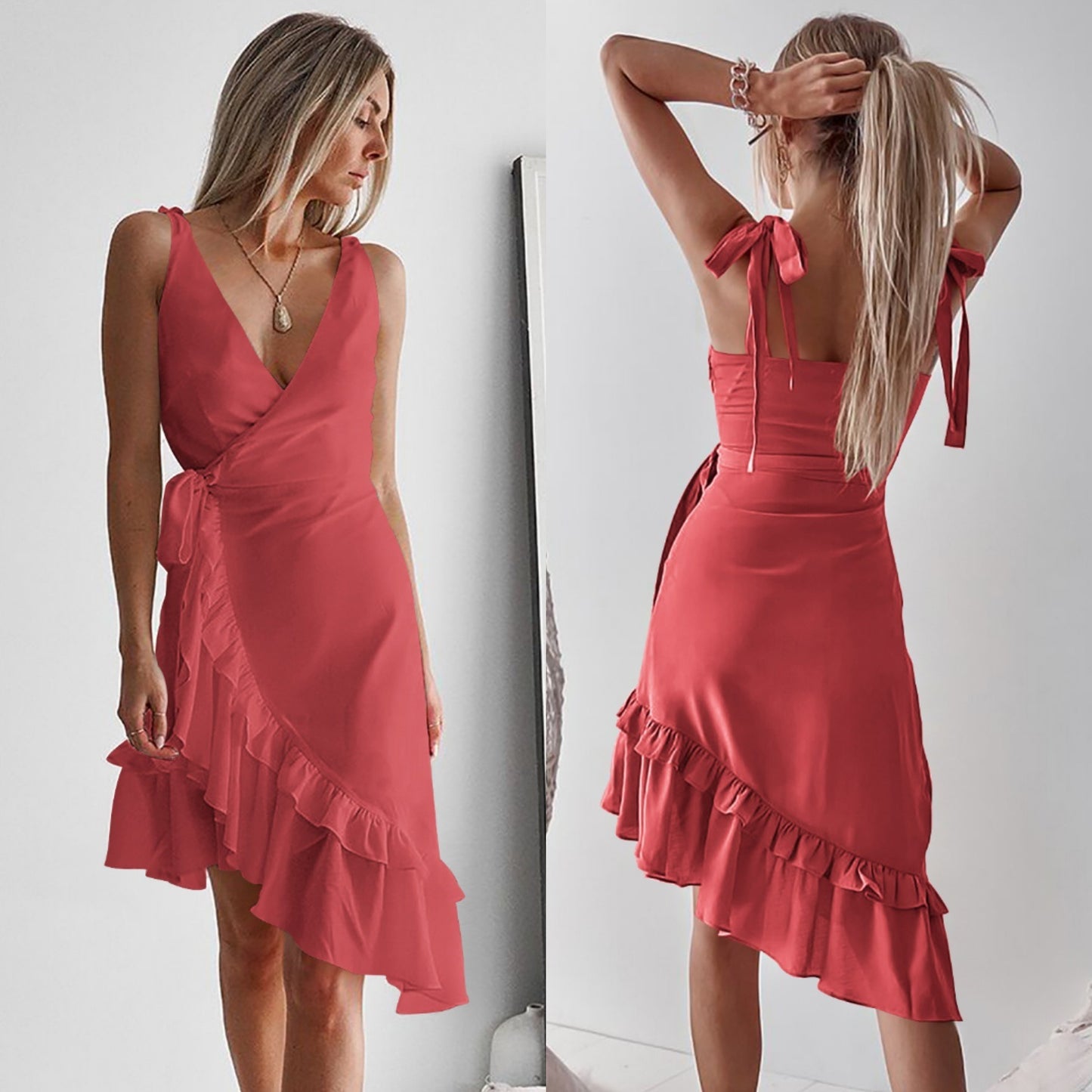 Best Selling Women's V-neck Ruffled Sling In The Skirt with Irregular Dress