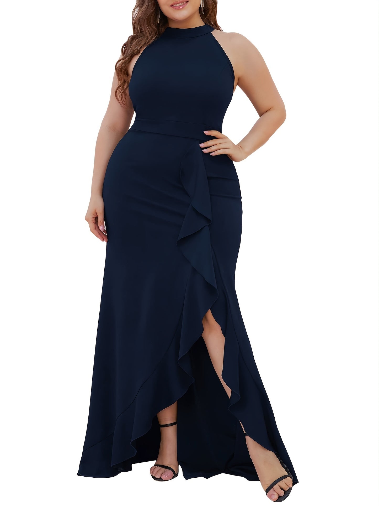 Plus Size Solid Ruffle Trim Split Hem Halter Neck Dress; Women's Plus Party; Events Elegant Maxi Prom Dress