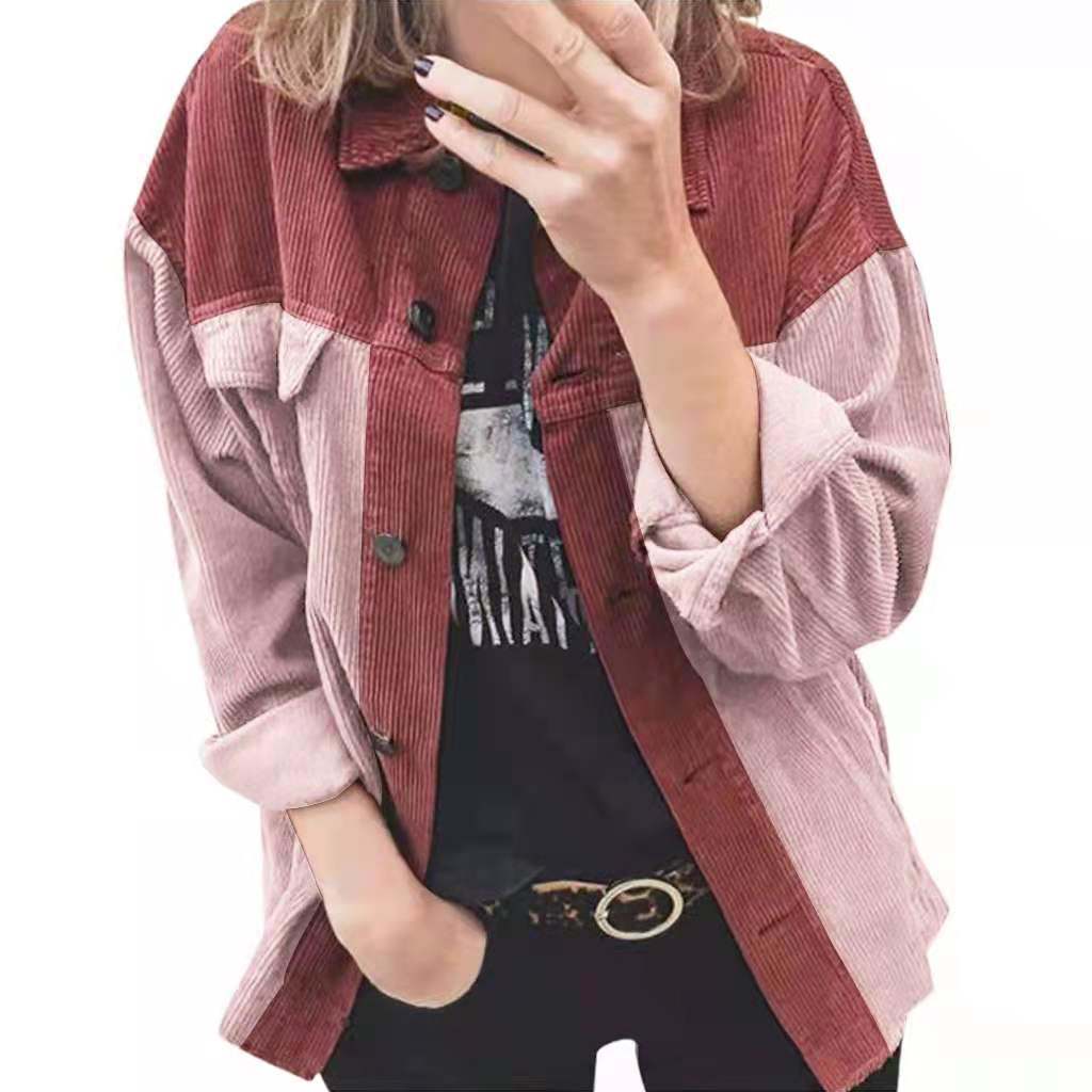 Women's Fall/Winter Corduroy Cardigan Jacket Long Sleeve Lapel Loose Splicing Shirt