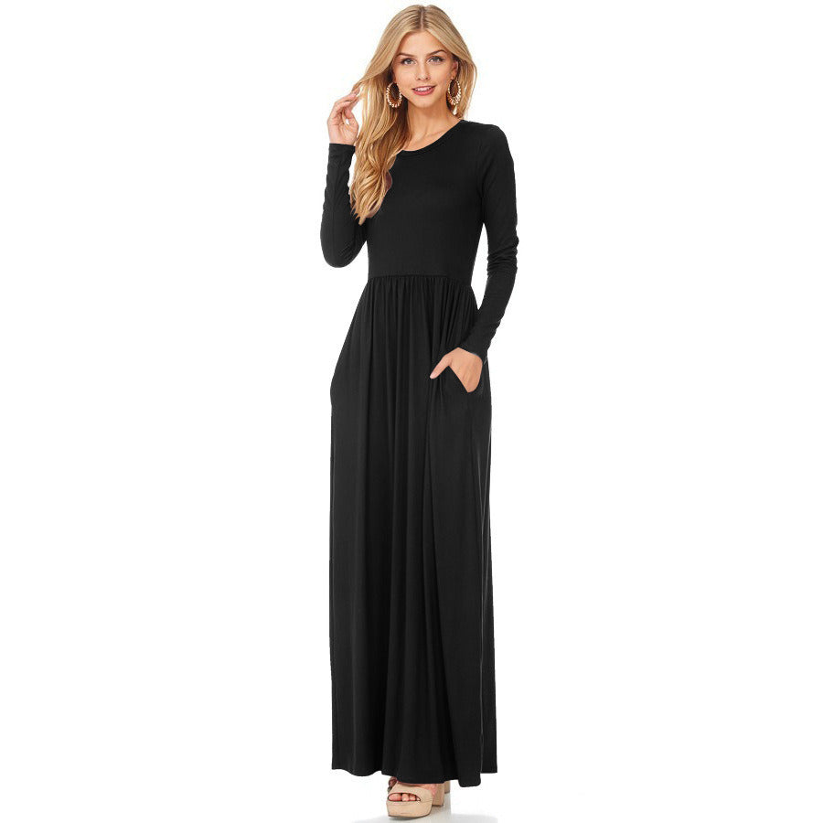 Fashion Women Long Sleeve Solid Color Ruched Dress with Pockets Plus Size Casual Maxi Dress