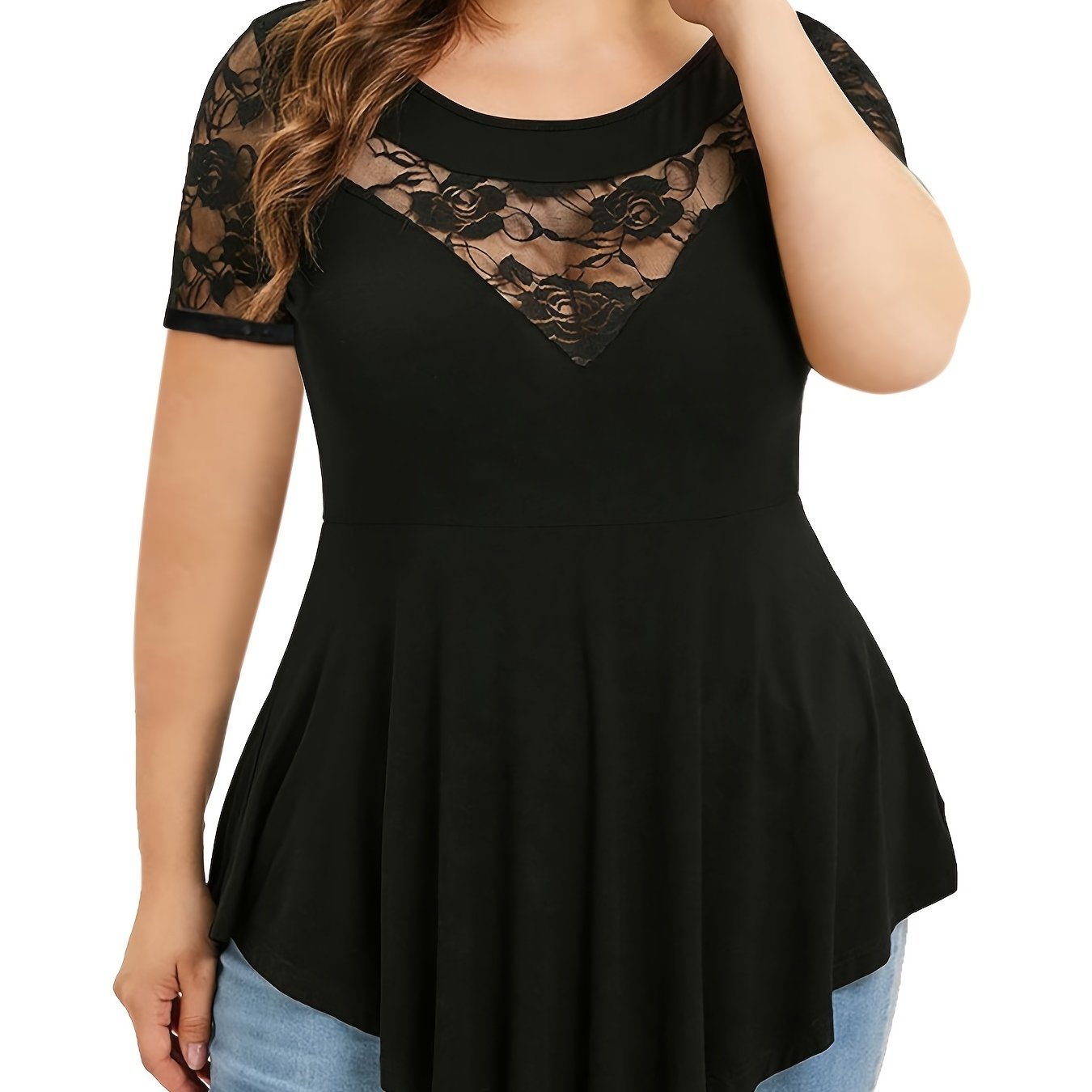 Plus Size Contrast Lace Colorblock Round Neck T-shirt; Women's Plus Irregular Hem Elegant Blouse