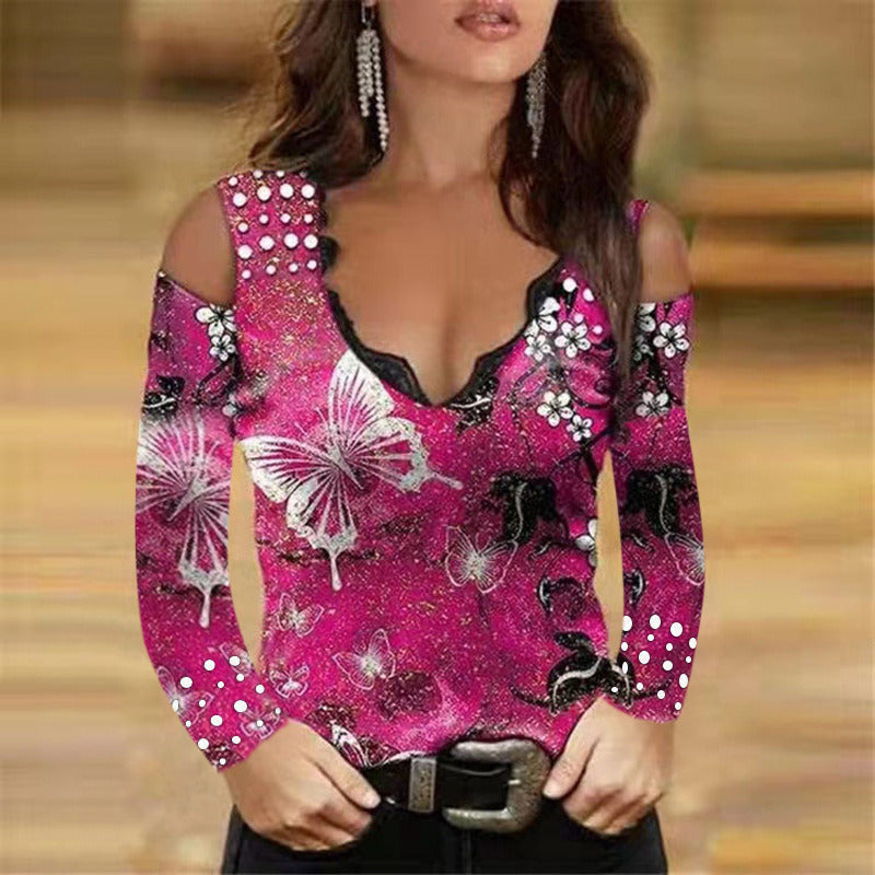 V-neck long-sleeved top autumn sexy women's printed hollow T-shirt fashion loose off-the-shoulder casual plus size shirt