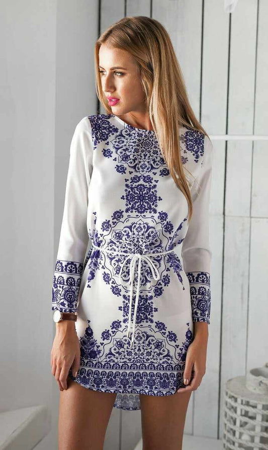 Summer New Women's Digital Printing Blue and White Porcelain Long Sleeved Dress