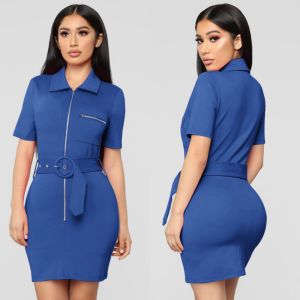 Spring and Summer New Hot Lapels Short Sleeve Bag Hip Dress