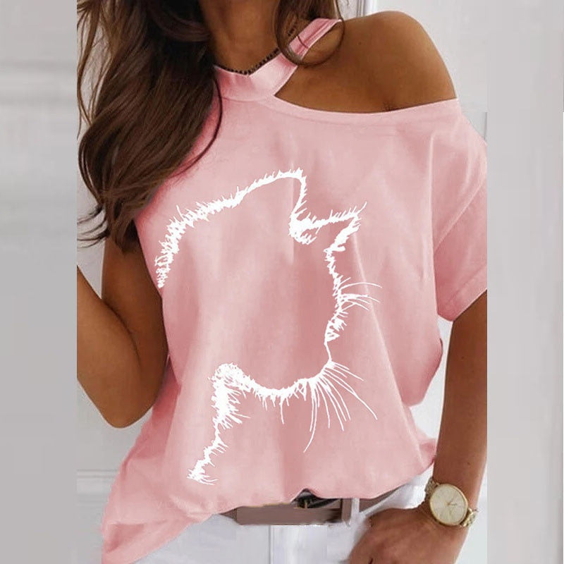 new women's summer top cat print off-shoulder loose T-shirt