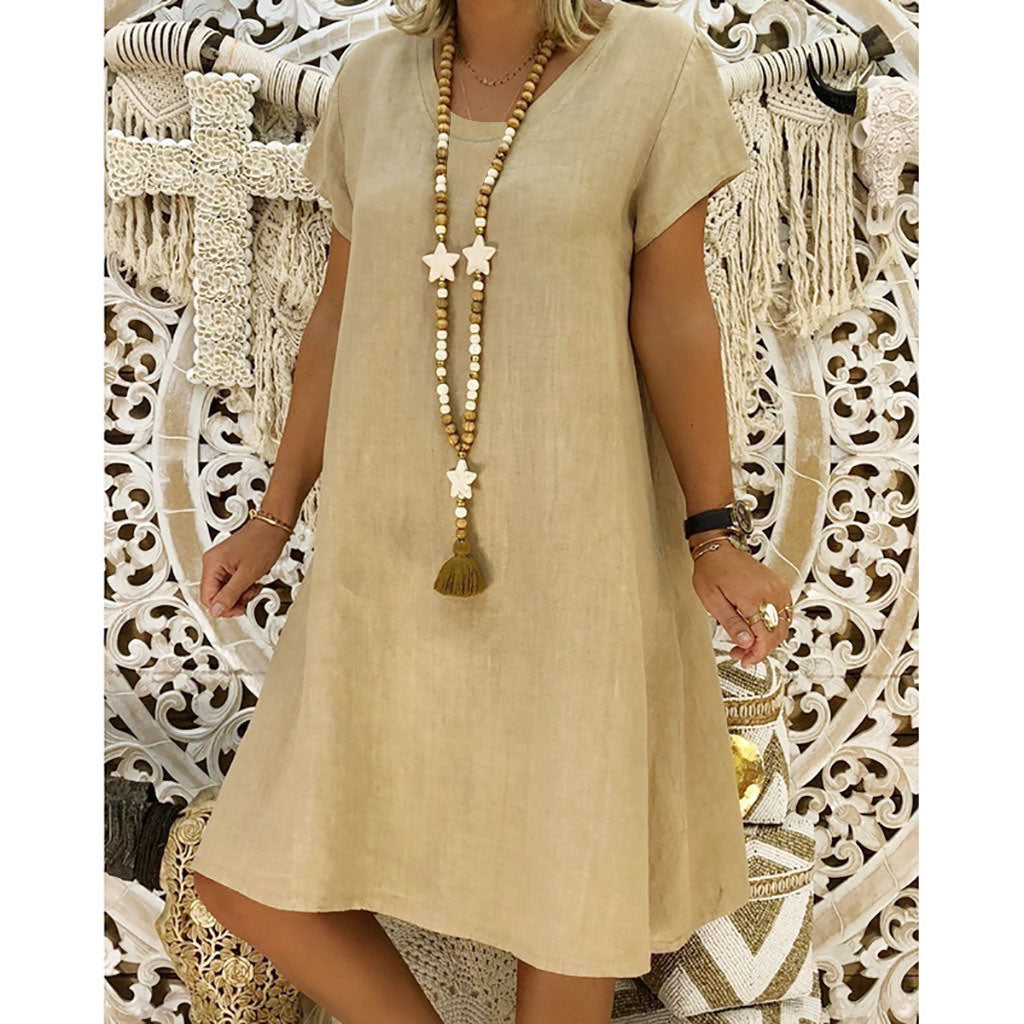 summer new women's solid color short-sleeved round neck dress