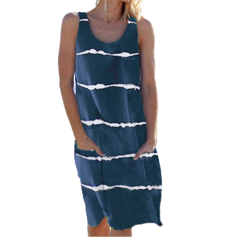 Summer Women's Crew Neck Printed Striped Pocket Vest Dress