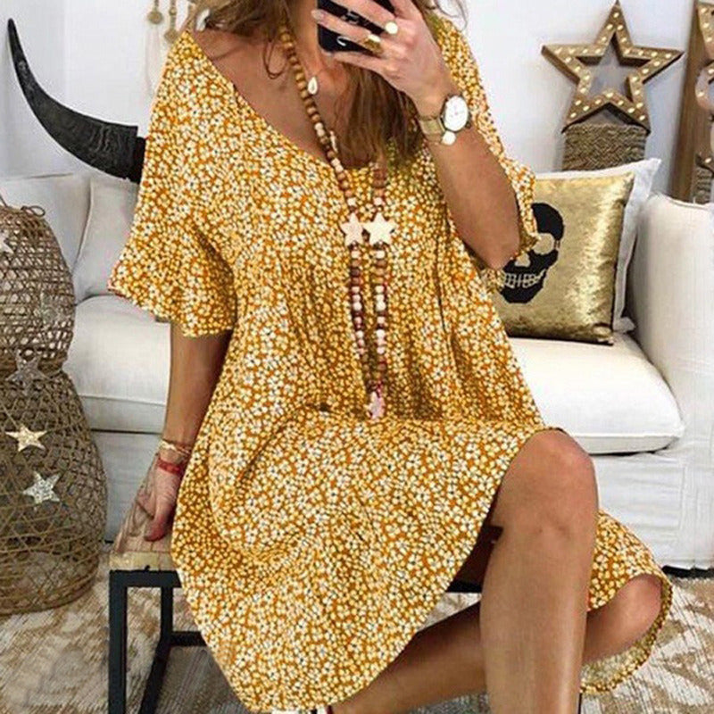 summer new women's wide V-neck loose trumpet sleeve print dress