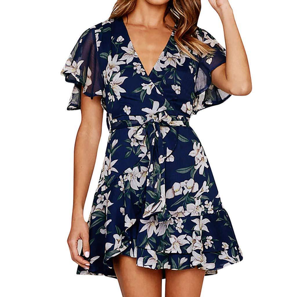 new European and American women's V-neck double-printed puff sleeves with cross hem dress