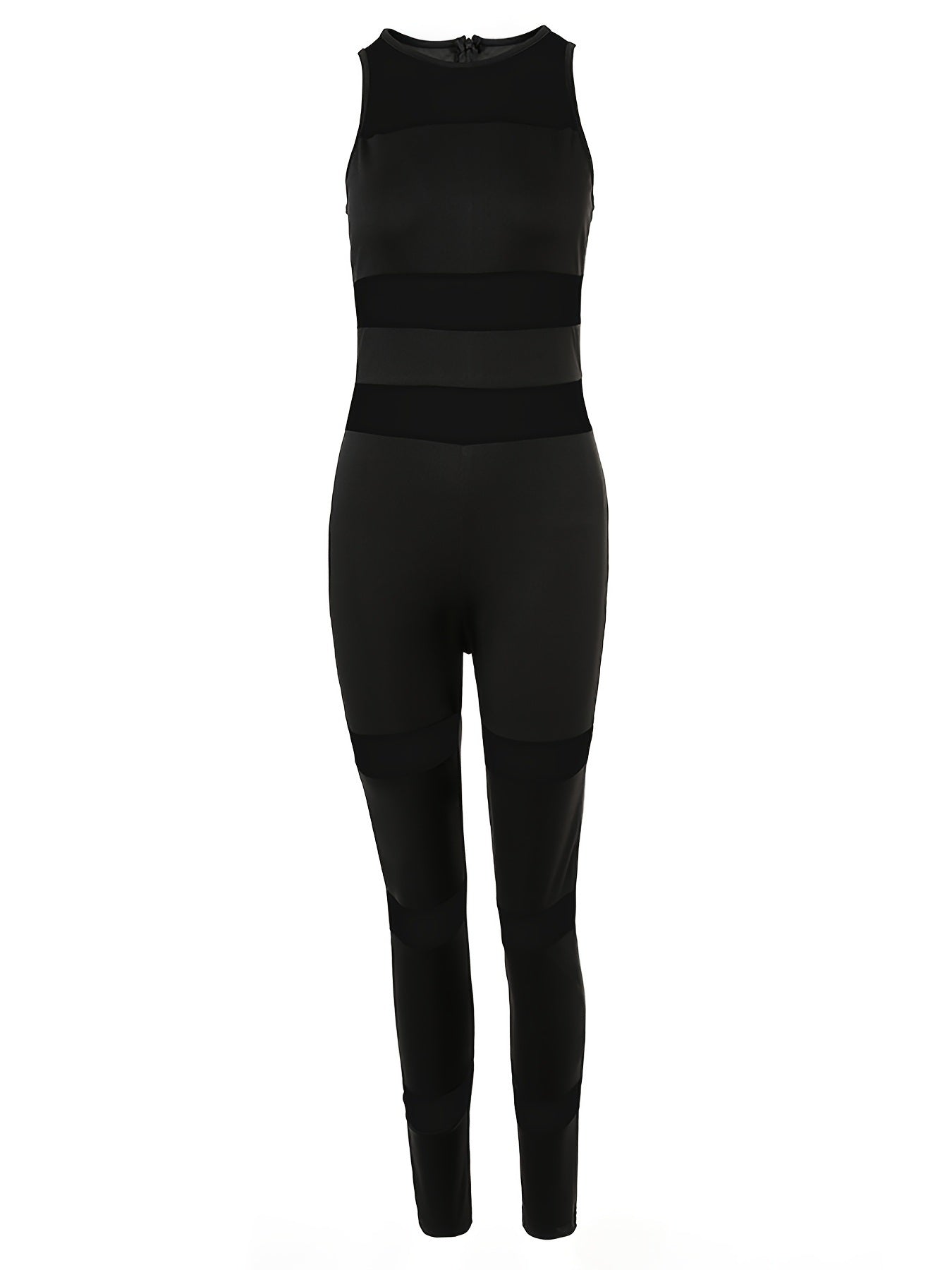 Solid Mesh Stitching Skinny Jumpsuit; Crew Neck Sleeveless Jumpsuit; Suit For Spring & Summer