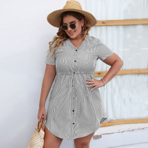 Summer Plus Size L-4XL Mini Shirt Dress Casual Vacation Streetwear Stripe Drawstring Waist V-Neck Light Thin Beach Skirt Outdoor