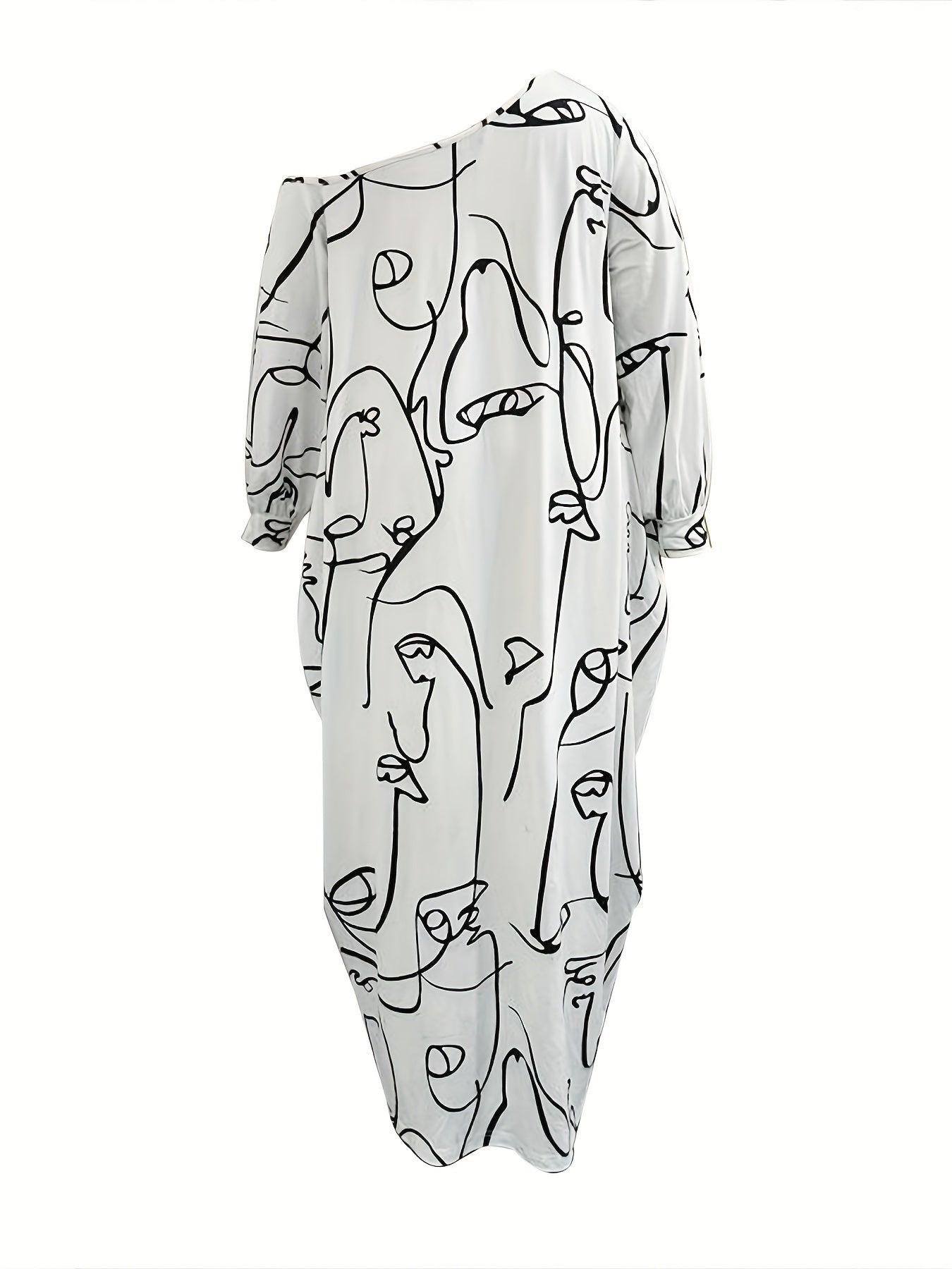 Plus Size Graphic Print One Off Shoulder Maxi Dress; Women's Plus Sexy Slight Stretch Dress