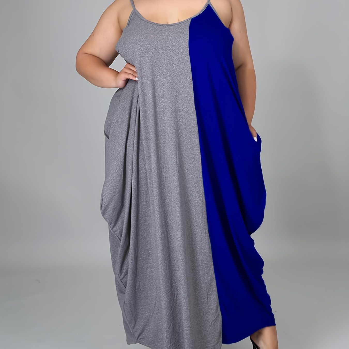 Size Colorblock Cami Maxi Dress With Pockets; Women's High Stretch Casual Long Dress