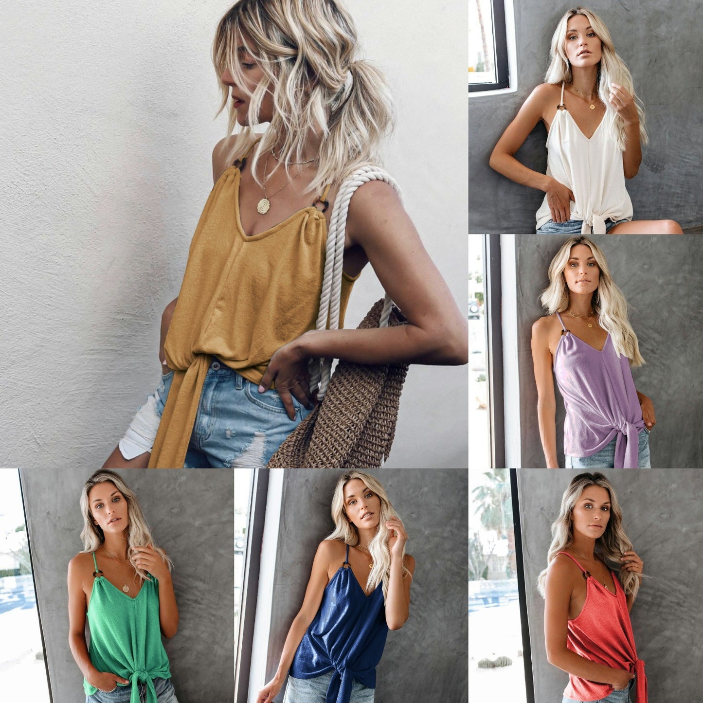 Best Selling Women's Sling Solid Color Loose Tie Shirt T-shirt