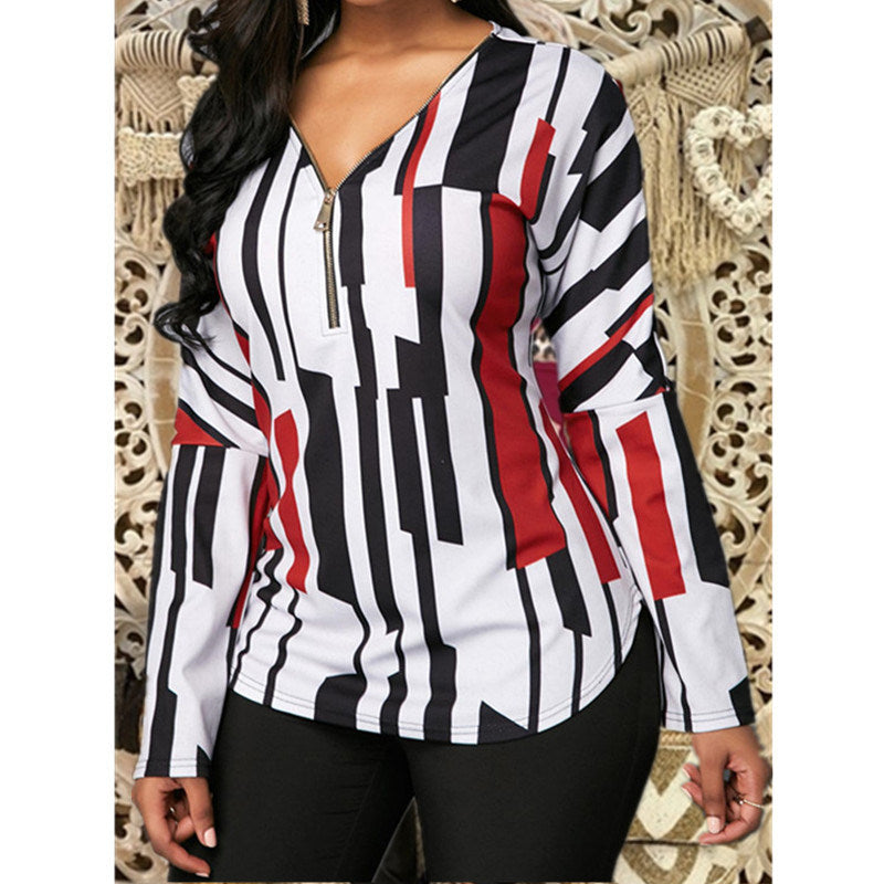 spring and summer new women's fashion V-neck print long-sleeved T-shirt zipper top