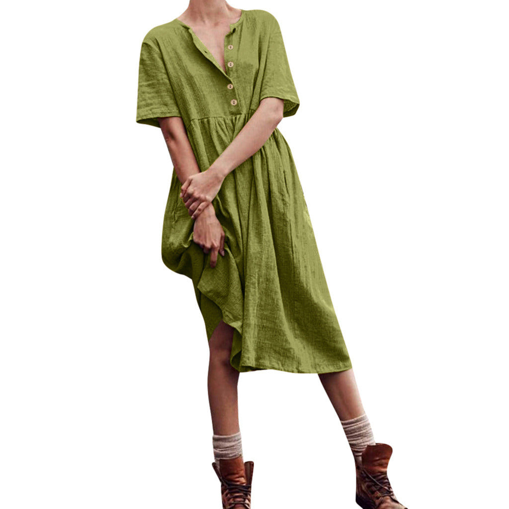 New Women's Solid Color Short-sleeved Cotton and Linen Button Slimming Dress Big Swing Skirt