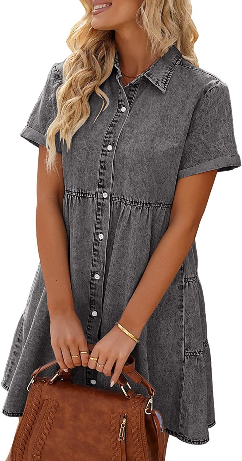 Denim Dress for Women Summer Dress Short Sleeve Button Down Tiered Babydoll Denim Jean Dress