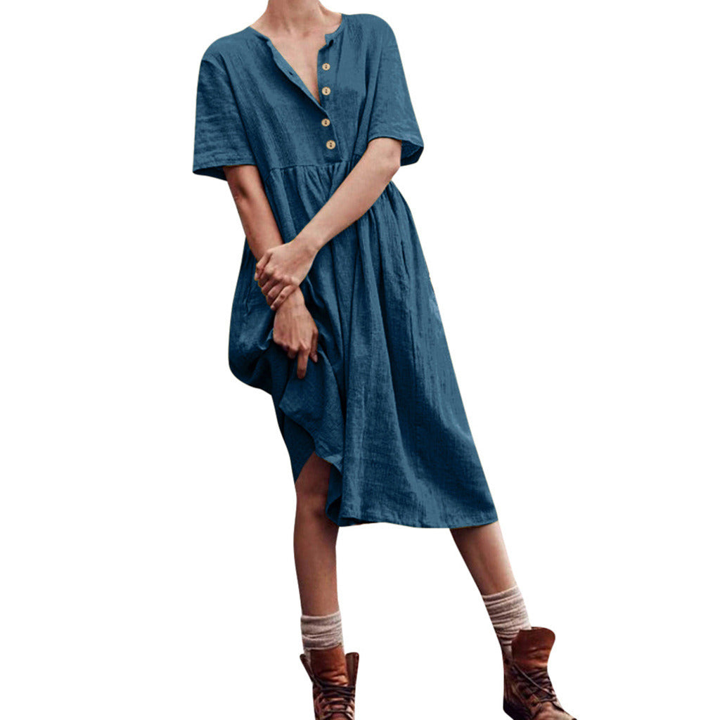 New Women's Solid Color Short-sleeved Cotton and Linen Button Slimming Dress Big Swing Skirt