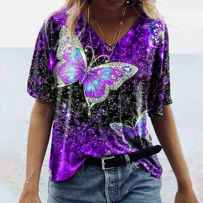 Summer Women's New Product Top Sleeve Butterfly Printed V-Neck T-Shirt