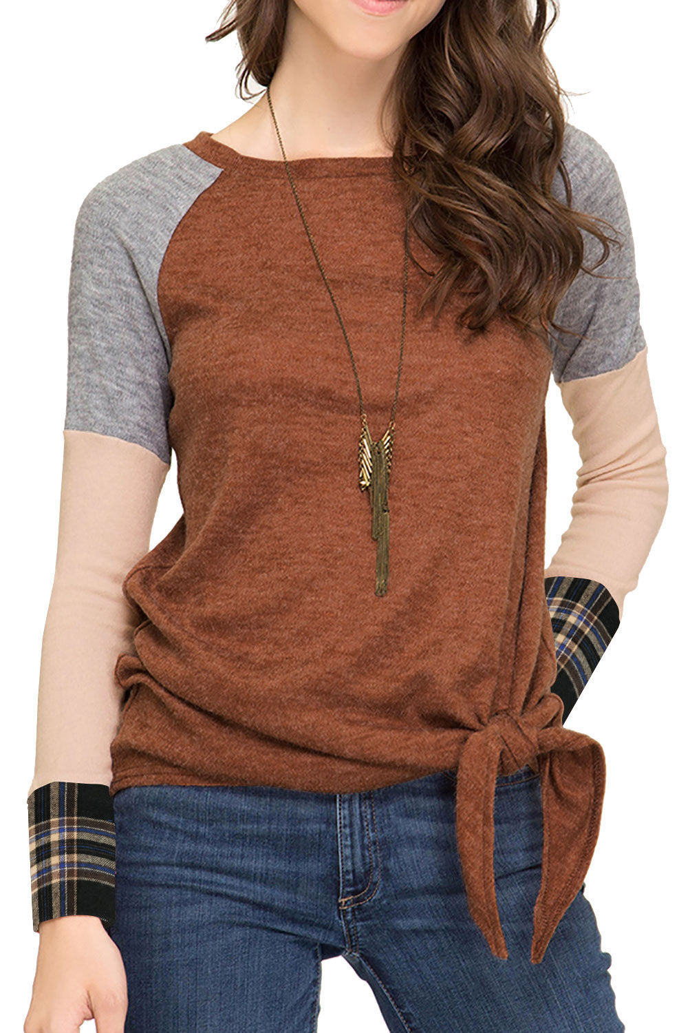 autumn and winter new European and American women's plaid stitching hem knotted T-shirt top