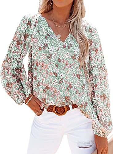 Women's Casual Boho Floral Print V Neck Long Sleeve Loose Blouses Shirts Tops