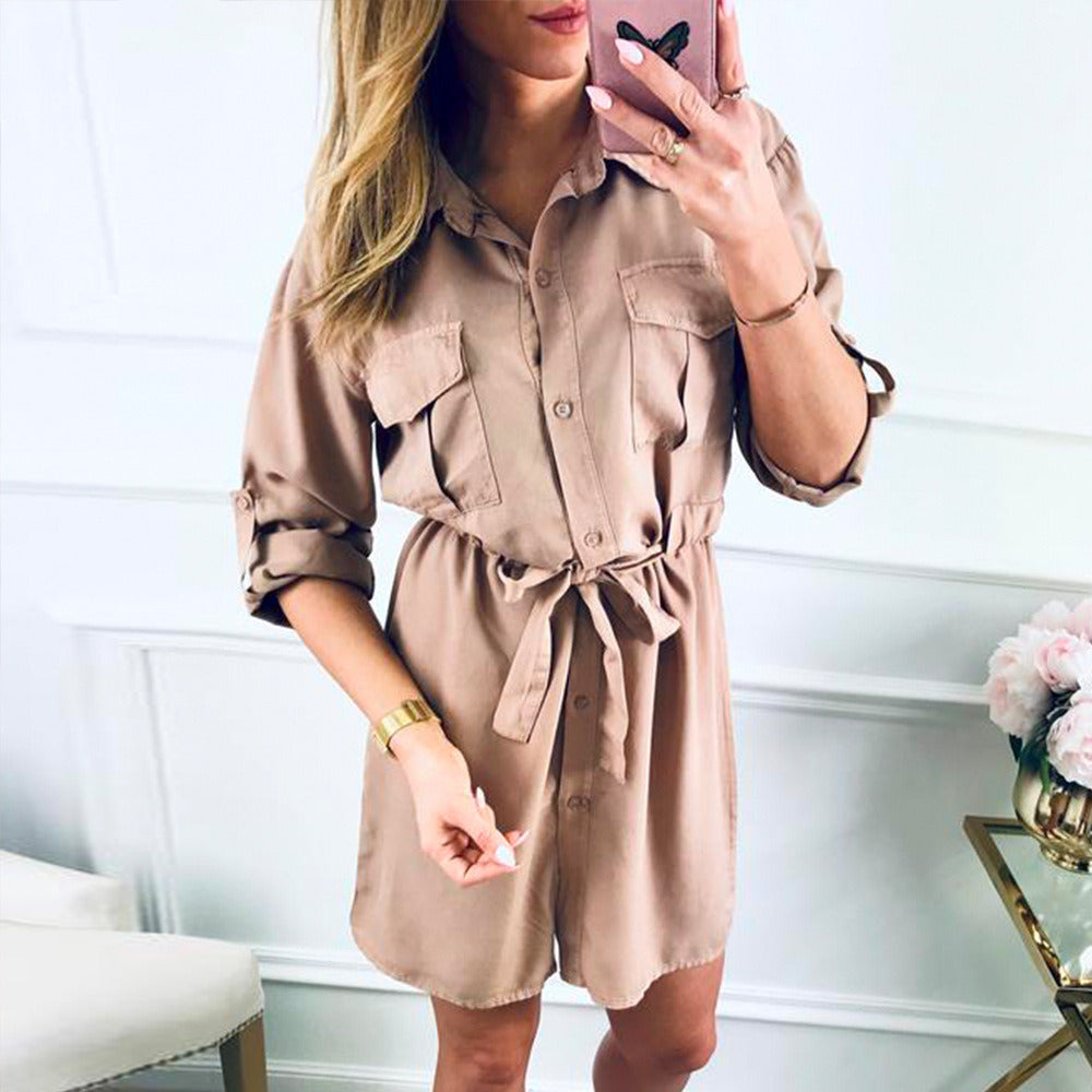 New Five-point Sleeve Shirt Dress Button Waist Bandage Shirt Dress