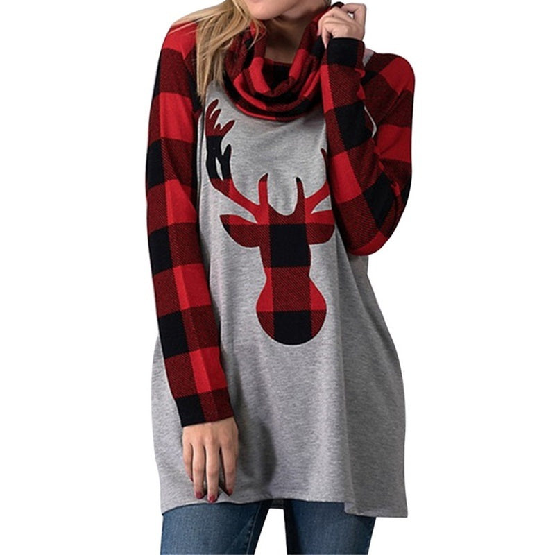 Christmas Ladies Women's Stitching Color Sweater Pullover Elk Print Long Sleeves Christams Clothes Loose Hoodie Sweater