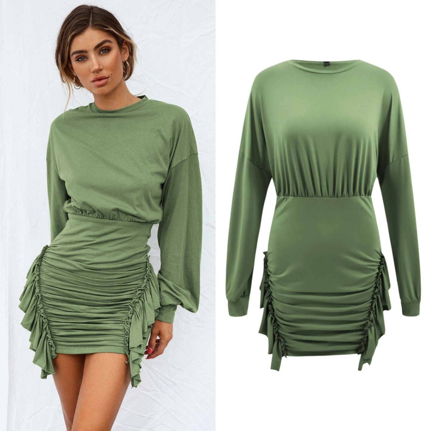 Spring and Summer New Women's Round Neck Long Sleeve Pleated Irregular Dress