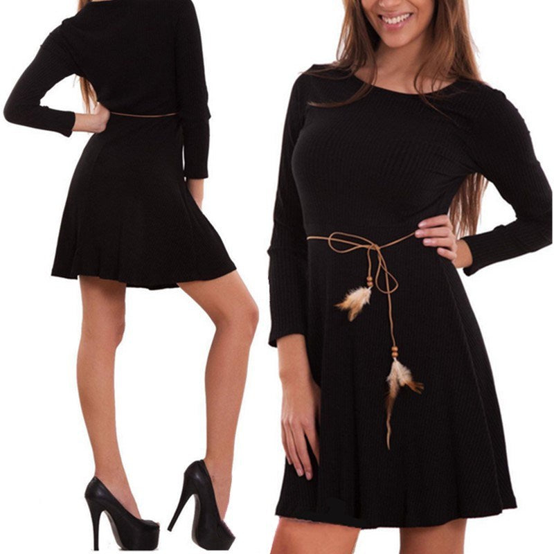 Ladies Fashion Pure Color Long Sleeve Round Neck Loose Midi Dress Feathers Lace Up Party Short Dress