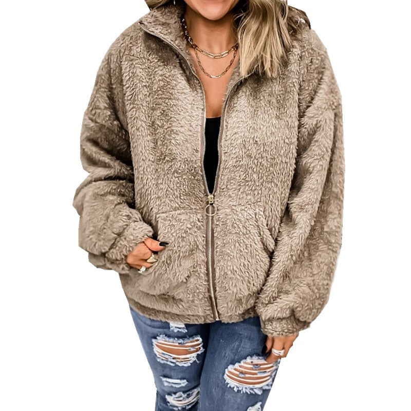 European and American women's autumn and winter new woolen fleece zipper cardigan double-sided fleece jacket