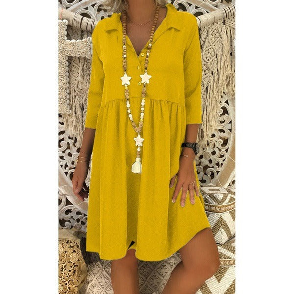 Best Selling Large Size Women's Seven-point Sleeve Deep V-neck Loose Casual Solid Color Dress