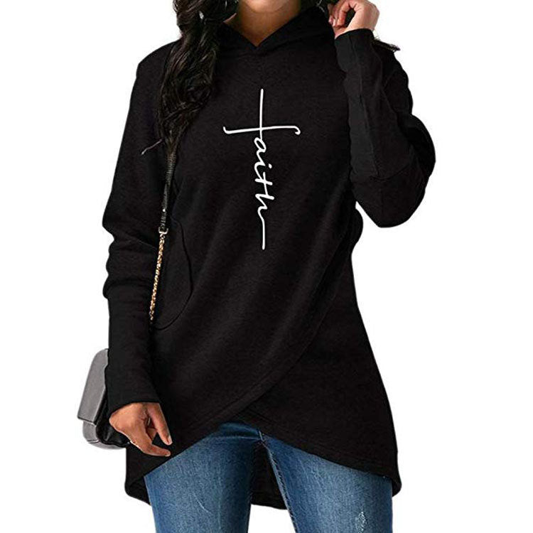 Europe and the United States new faith printing long-sleeved women's shirt autumn irregular hooded sweater women