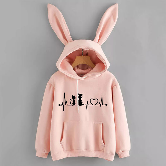 Women's fashion new hoodie rabbit ears cat print long-sleeved hooded sweatshirt