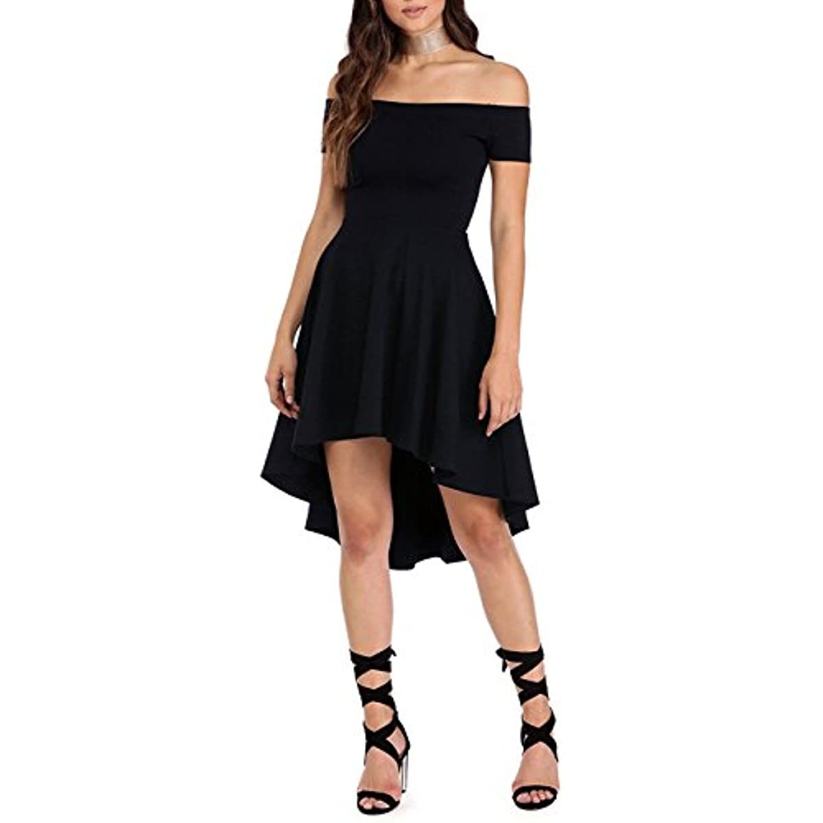 Womens Off The Shoulder Short Sleeve High Low Cocktail Skater Dress