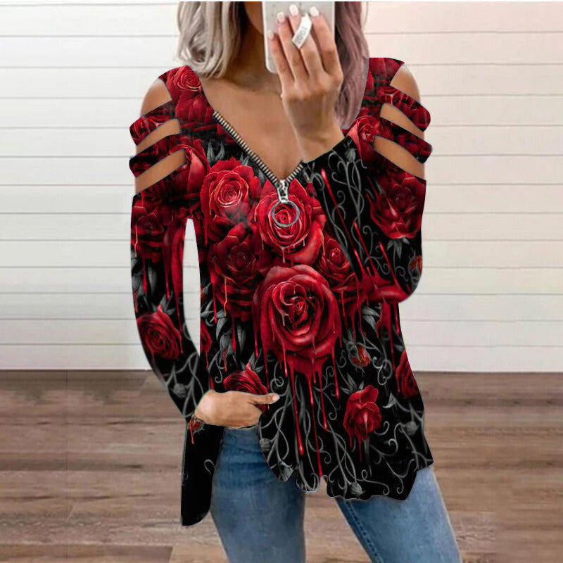 V Neck Zipper Long Sleeve Top Autumn Sexy Women Printed Hollow Out T Shirt Fashion Loose Off Shoulder Casual Plus Size Shirts