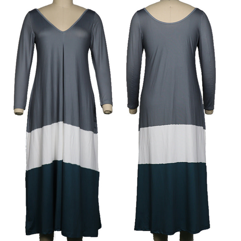 Autumn new women's large size loose V-neck long-sleeved dress