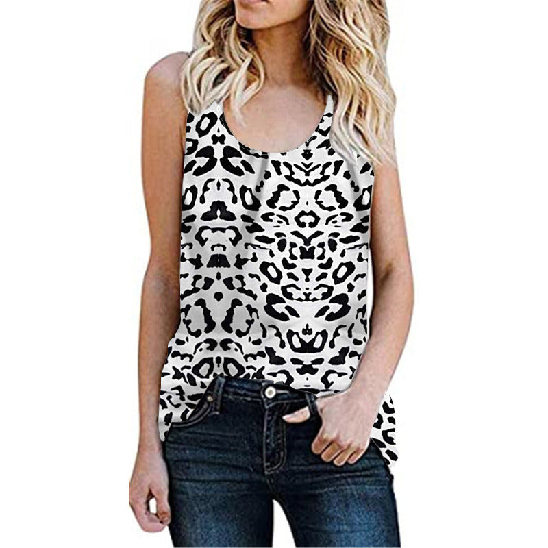 Summer Women's Casual Sleeveless Vest Round Neck Leopard Print Floral Burnout T-Shirt Women's Top