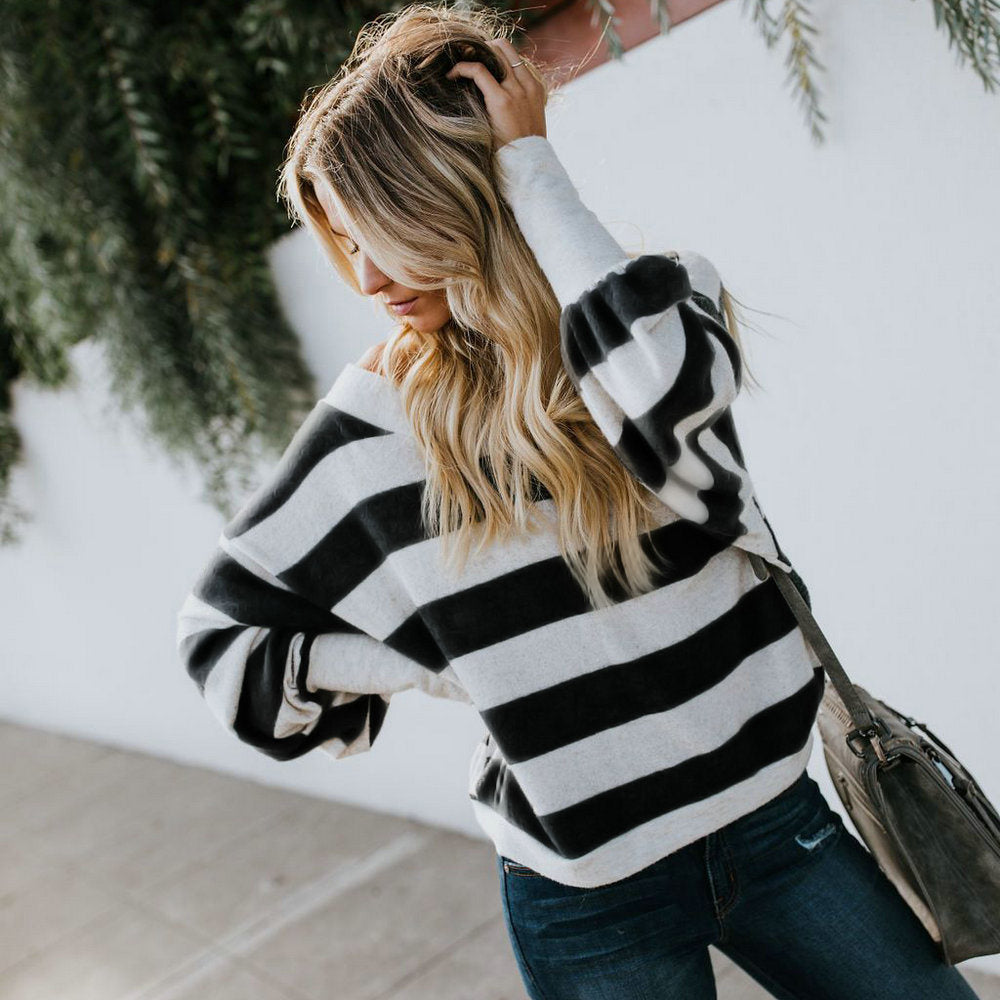 Autumn and Winter Blouse Sexy Round Neck Black and White Striped Loose Long-sleeved Shirt