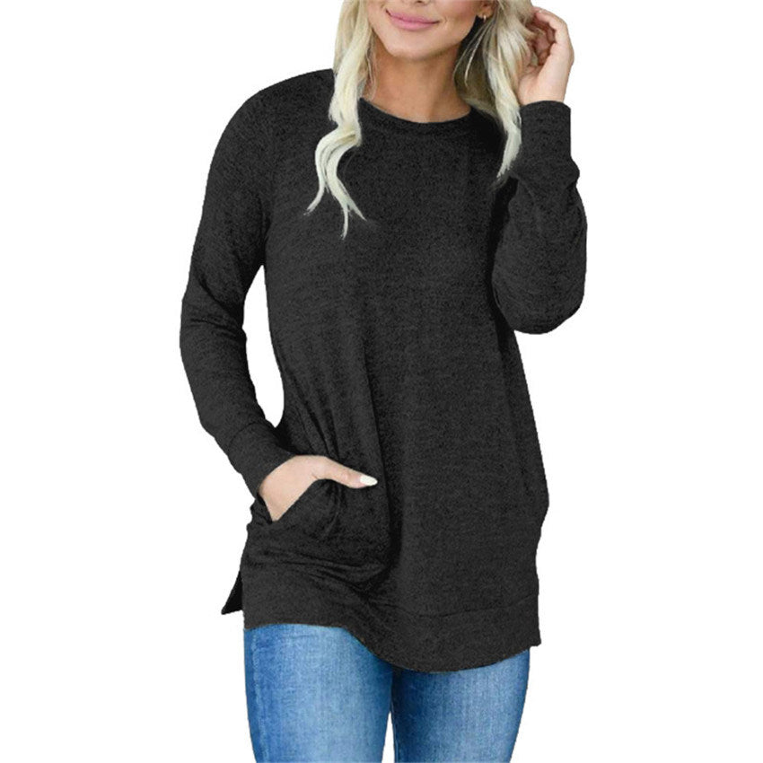 Ladies Pocket Sweater Solid Color Long Sleeve Loose Round Neck Sweater