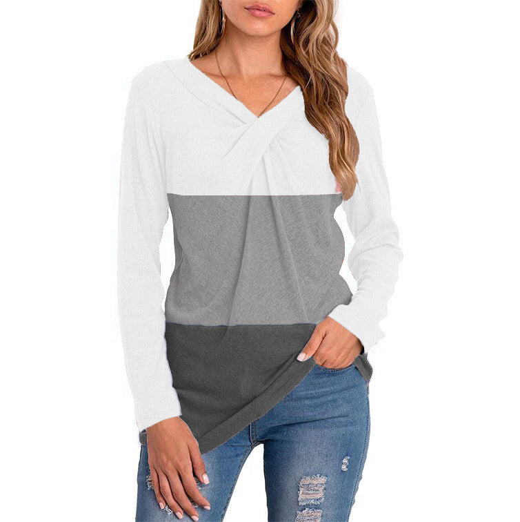 Autumn and Winter New Women's V-neck Long-sleeved Stitching T-shirt Tops Women's Bottoming Shirt