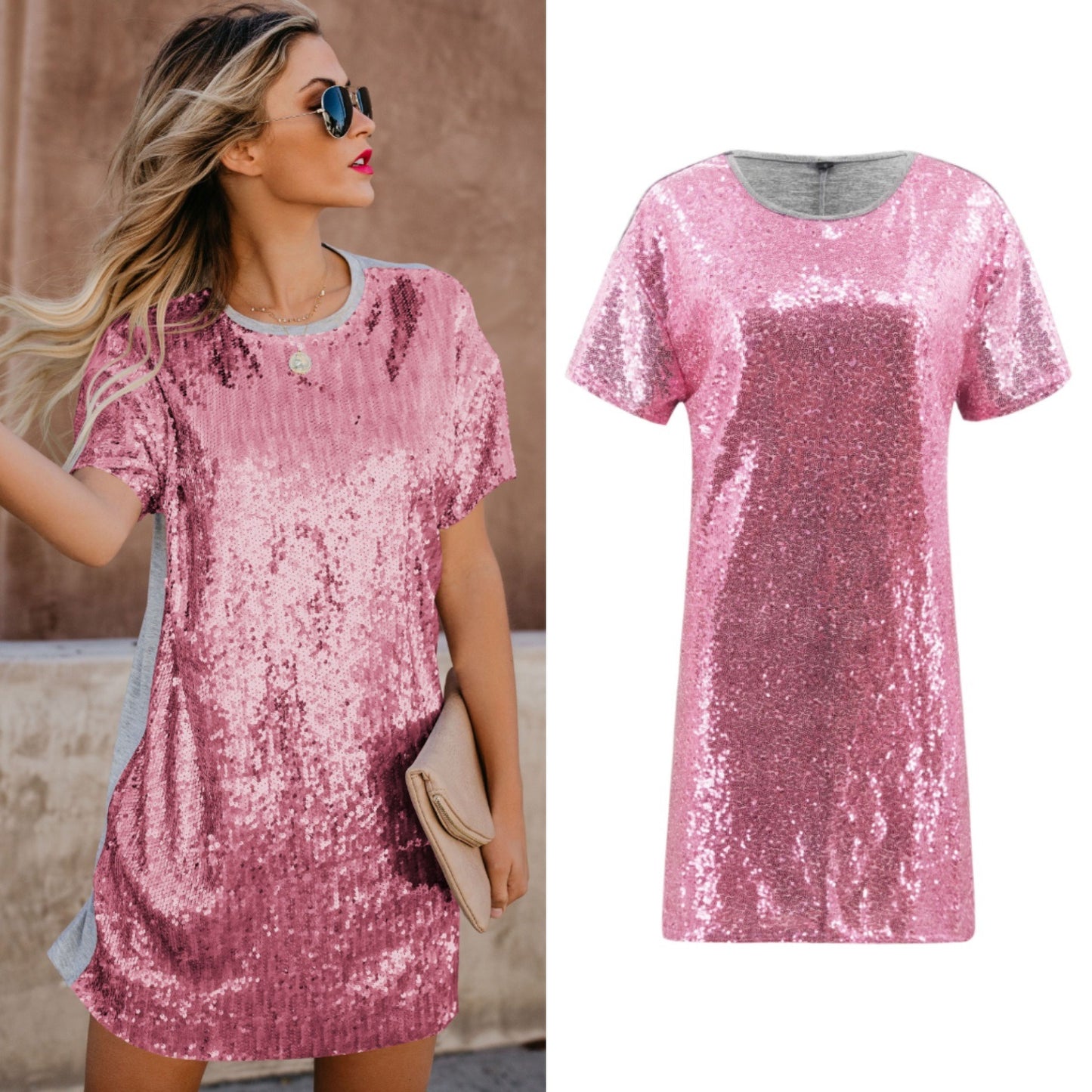 Best Selling Spring and Summer Women's Short Skirt Sequin Stitching Short-sleeved Dress