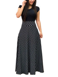 Plus Size Colorblock Polka Dot Short Sleeve Maxi Dress; Women's Plus Elegant Medium Stretch Long Dress