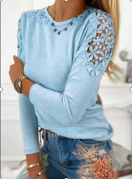 Spring New Solid Color Slim Lace Hollow Long-sleeved T-shirt