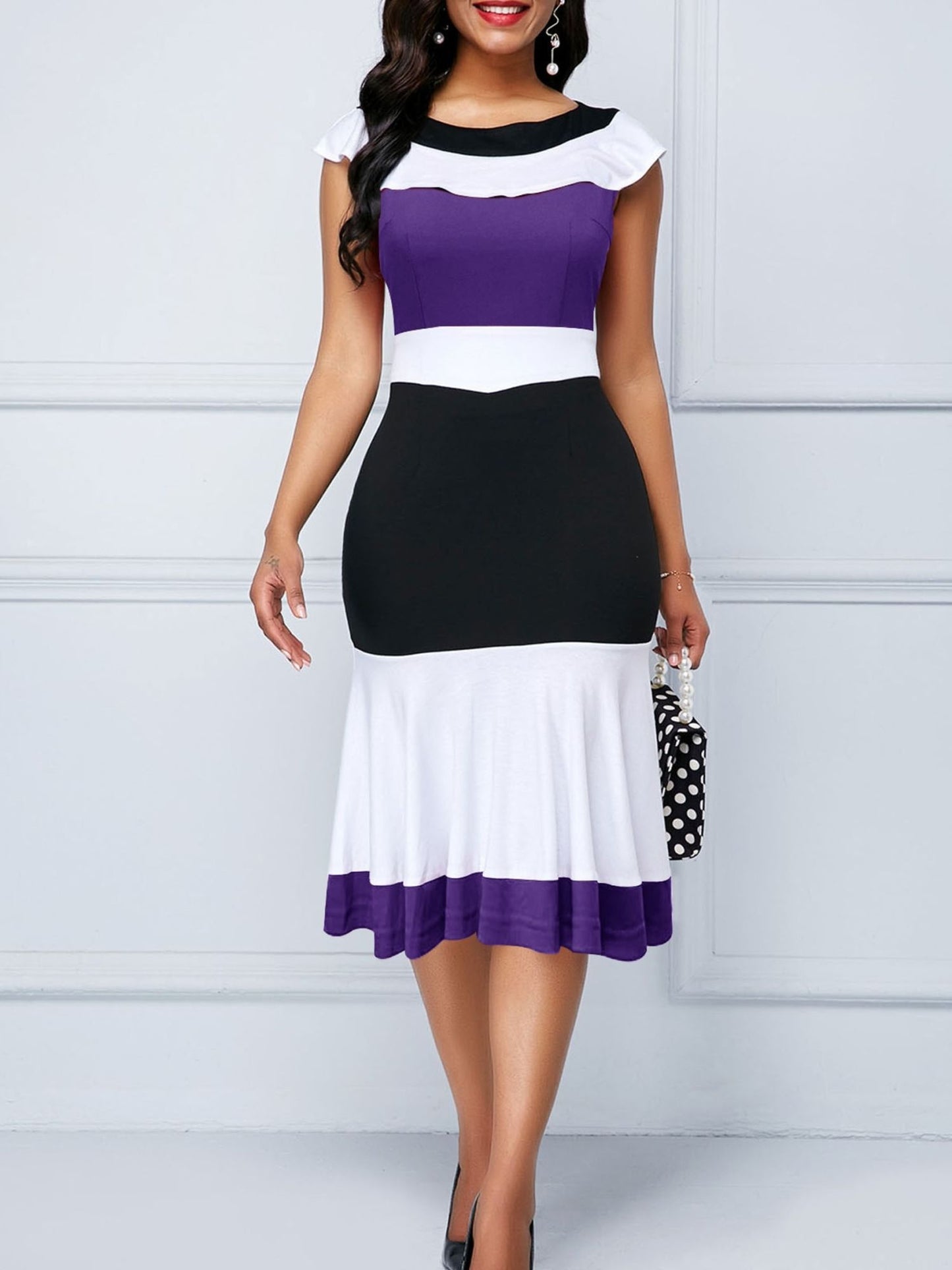 Color Block Ruffle Trim Slim Dress; Sleeveless Pencil Dress For Spring & Summer